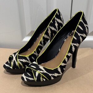 Fergalicious Black & White Patterned Peep-Toe Heels with Neon Yellow Trim